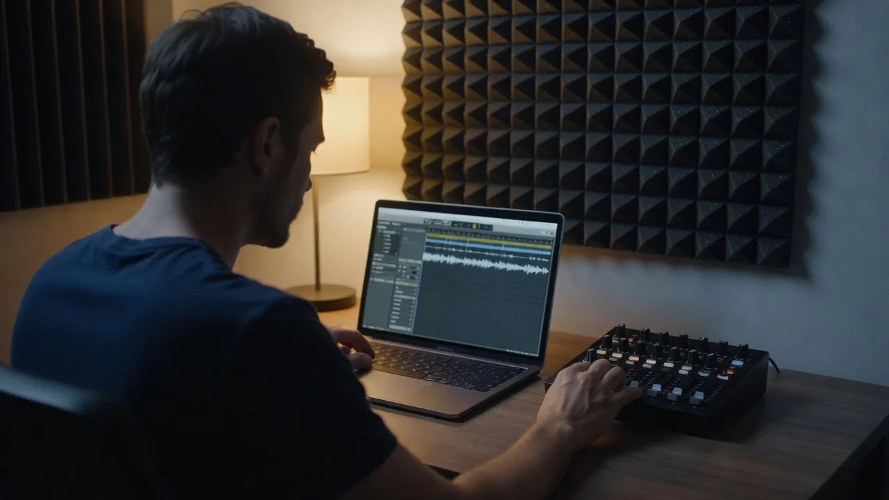 A focused creator in a home booth directing playback on a laptop