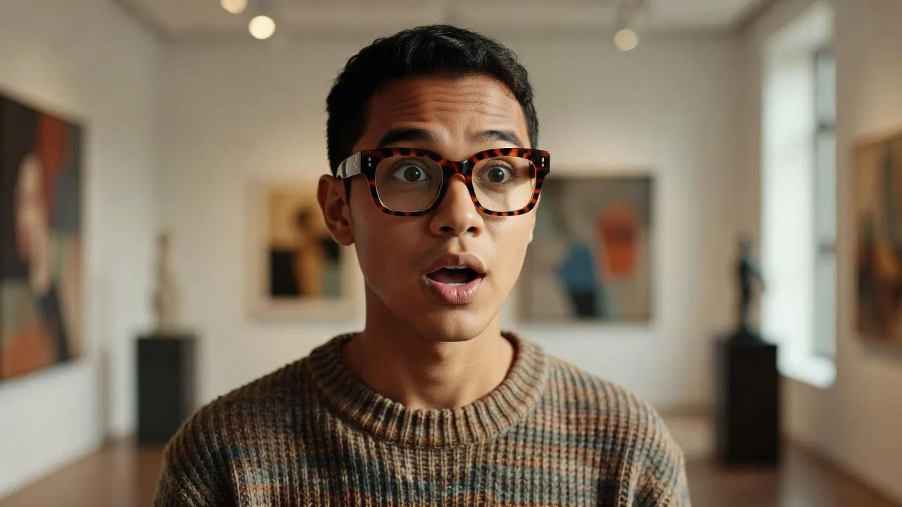 Close-up of a creative young presenter with an art-collector look announcing a drop to camera