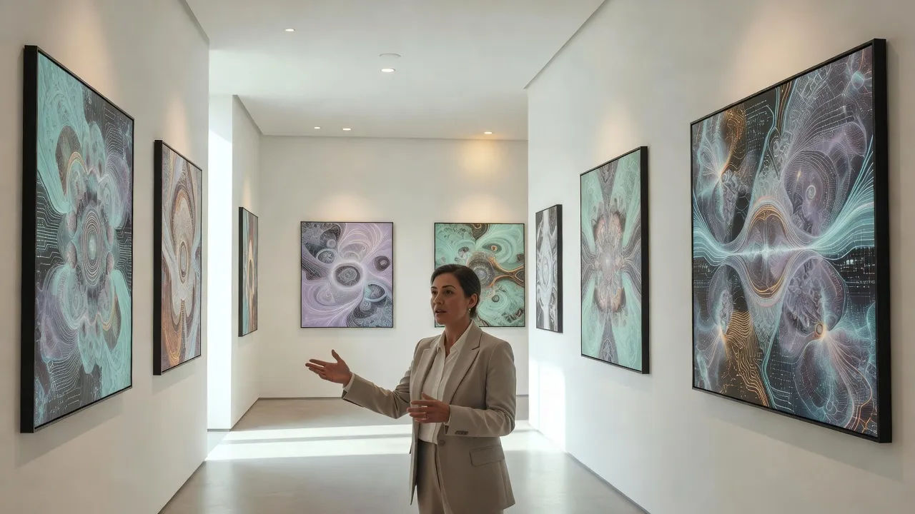 Wider establishing shot of a bright digital-art gallery