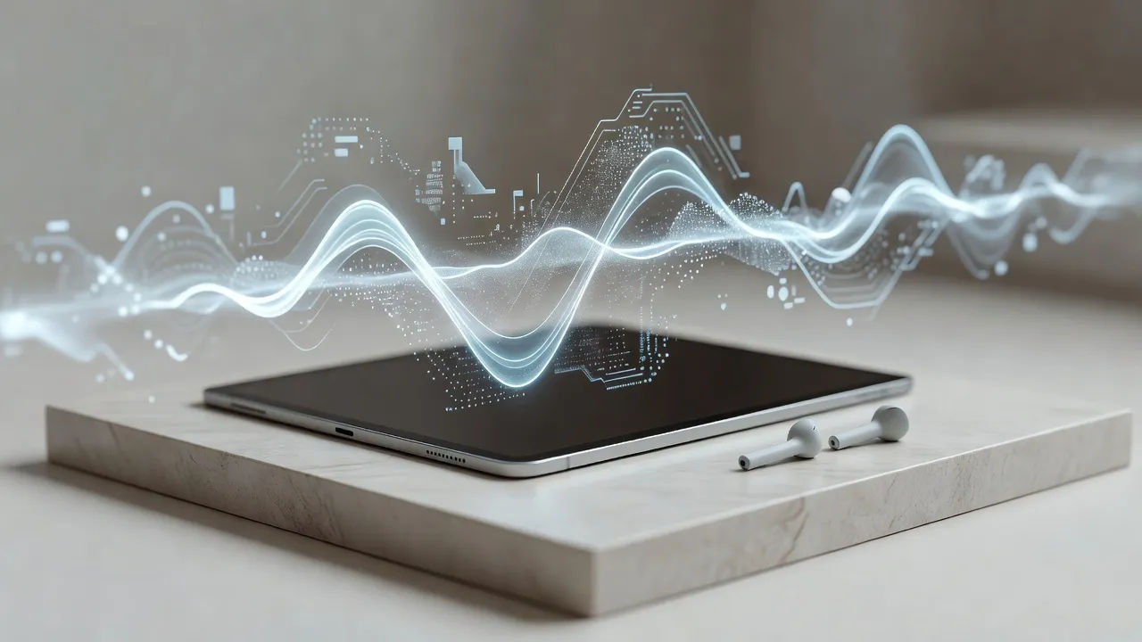 Macro beat of a tablet on a pale plinth beside slim earbuds
