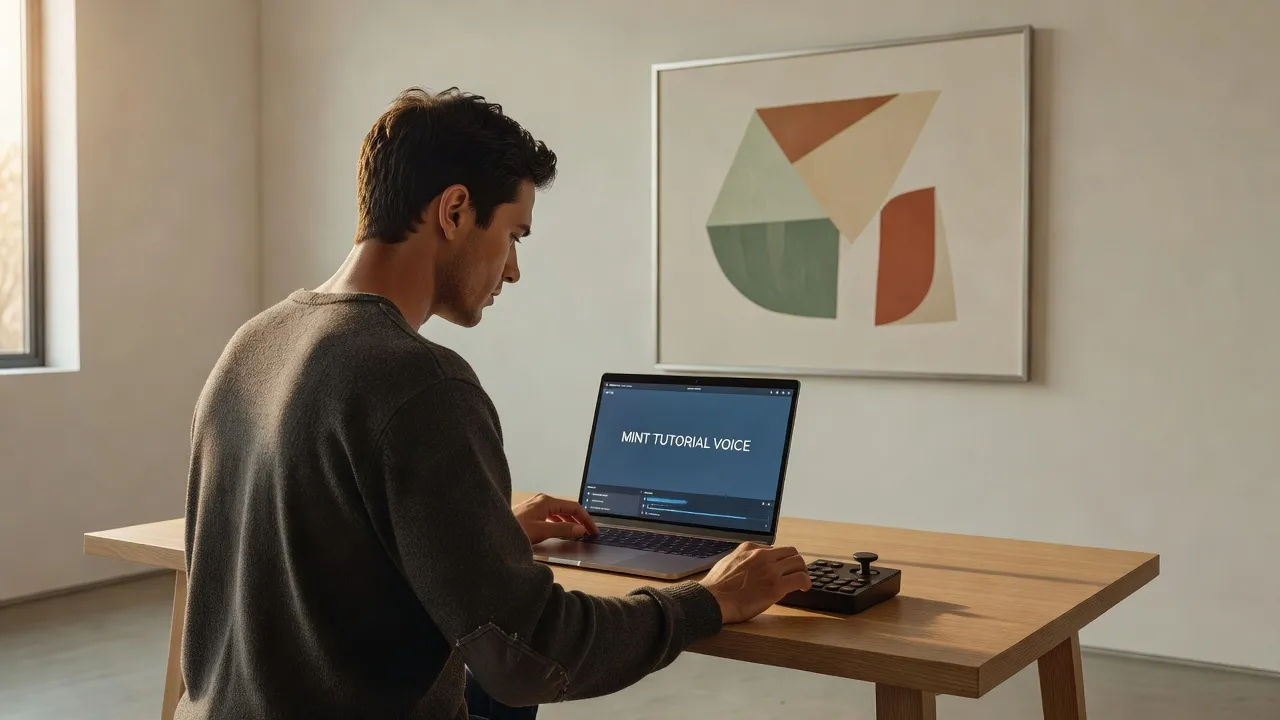A curator-creator directing a mint tutorial voice on a laptop in a minimalist studio