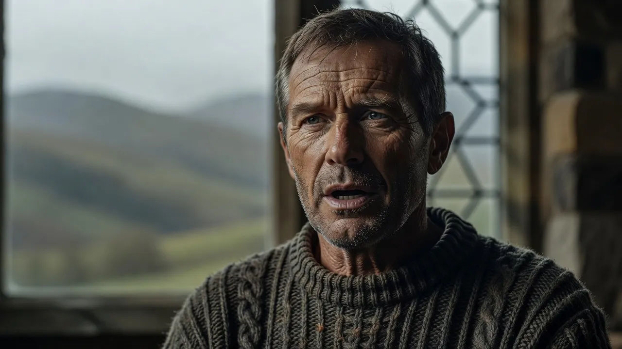 Tight portrait of a weathered middle-aged North Welsh man in a wool sweater