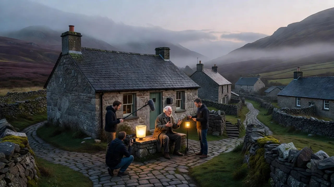 Wide establishing shot of a stone-walled Gwynedd village at dusk