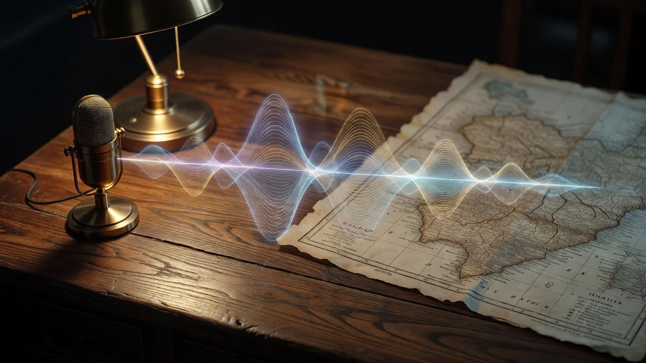 Macro beat of an abstract glowing audio waveform hovering above a wooden desk beside a vintage brass microphone
