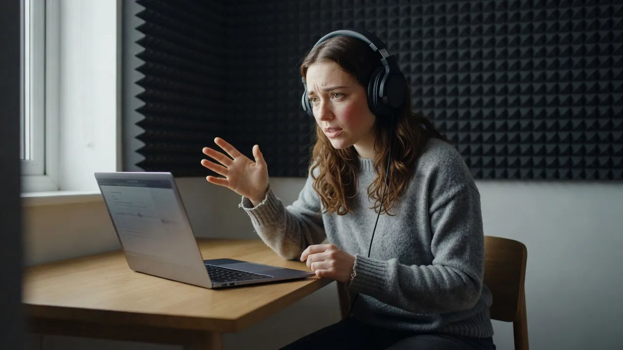 A young Welsh woman creator in a home studio directing voice takes on a laptop