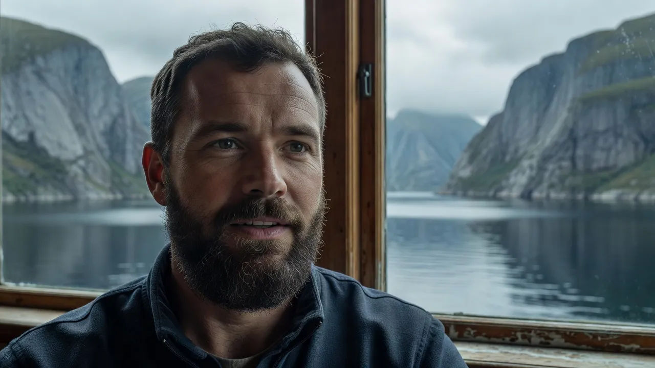 Close portrait of a Norwegian man in his forties with a short beard speaking to camera
