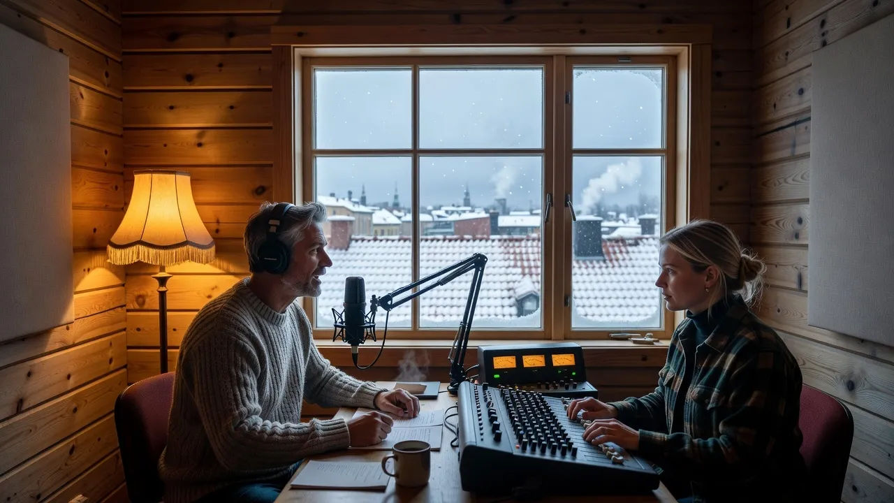 Wide establishing scene of a cozy Oslo recording booth inside a timber-clad building