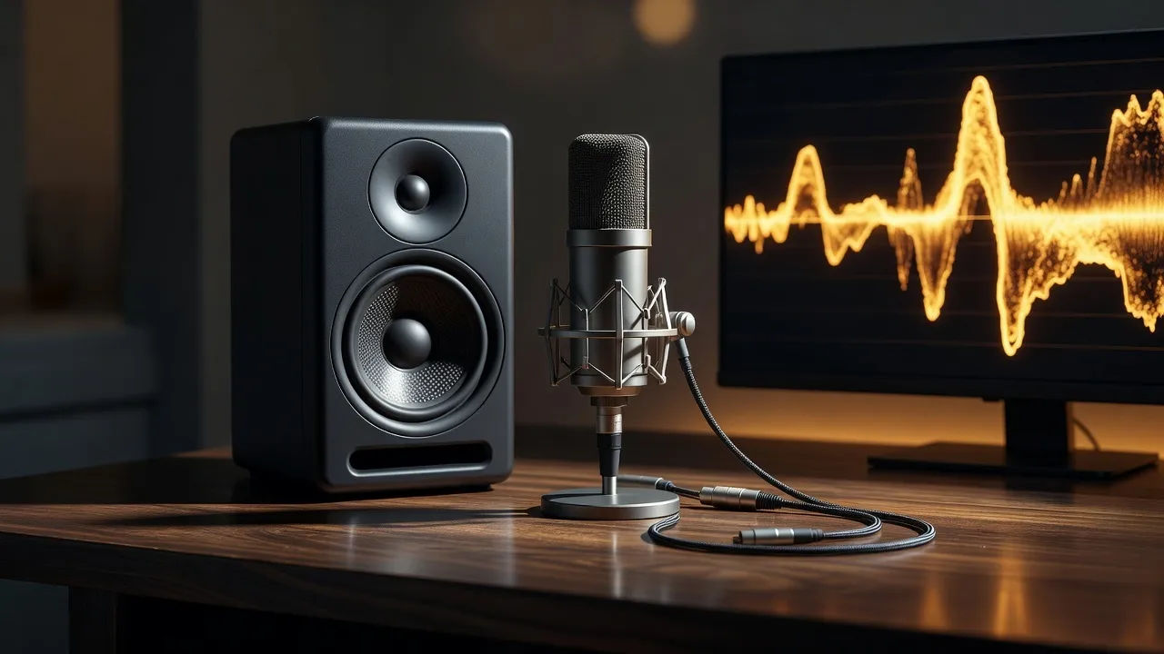 Close product beat of a small studio monitor speaker and a microphone on a dark walnut desk