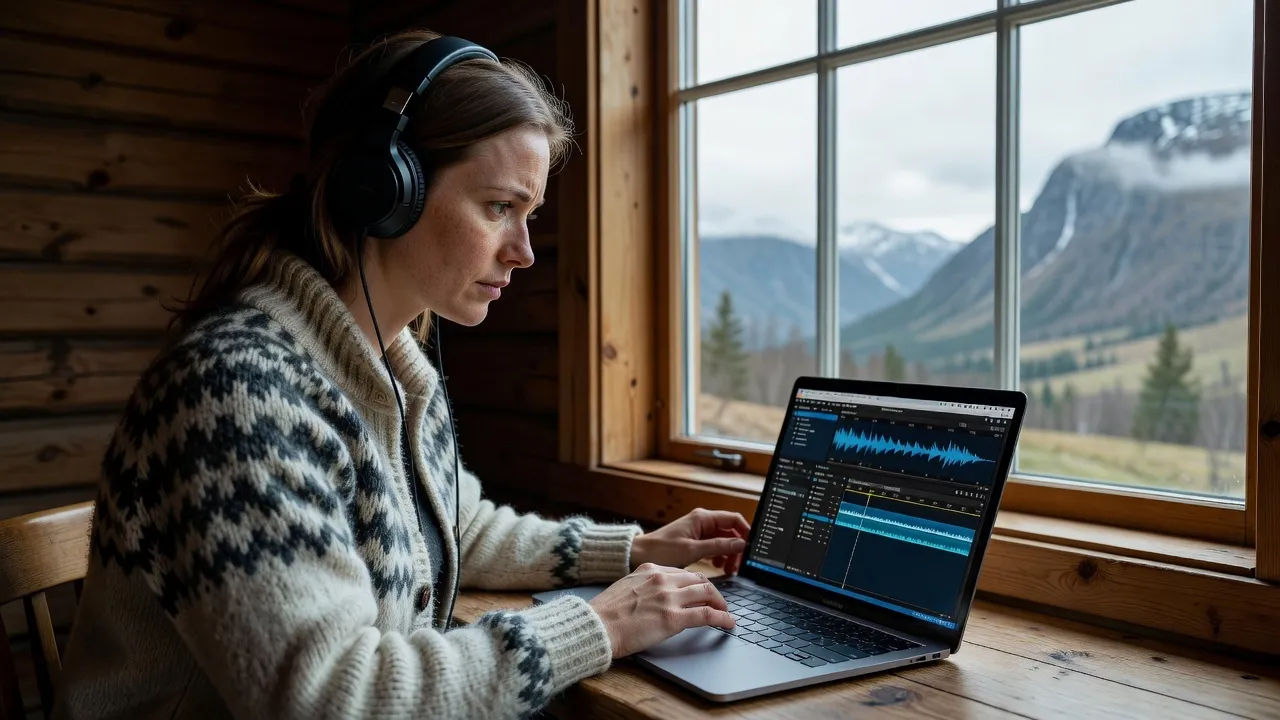 A Norwegian woman in a wool cardigan editing a voiceover on a laptop by a large cabin window