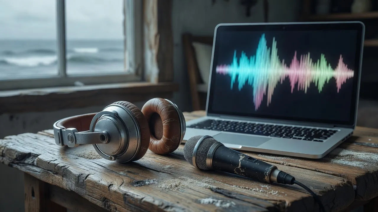 Topical beat of vintage headphones and a compact mic beside a glowing abstract waveform on a laptop