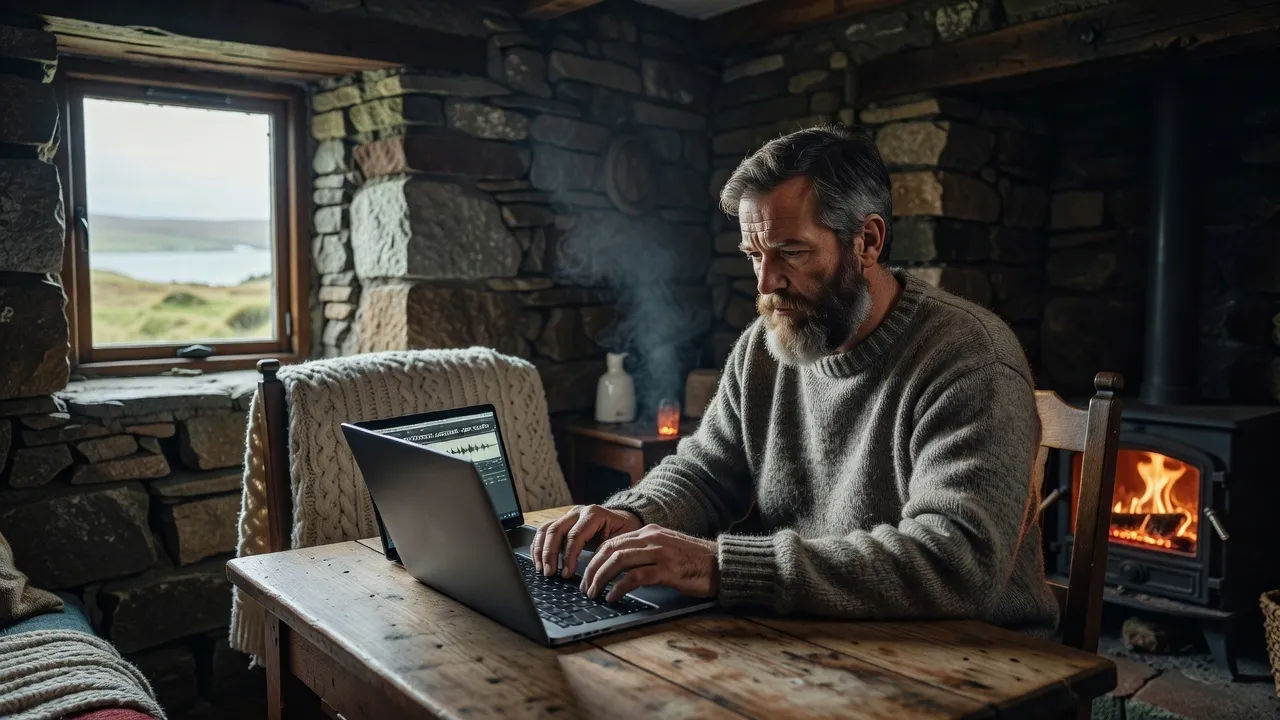 An Orcadian folklore producer directing an audiobook edit on a laptop in a snug island cottage