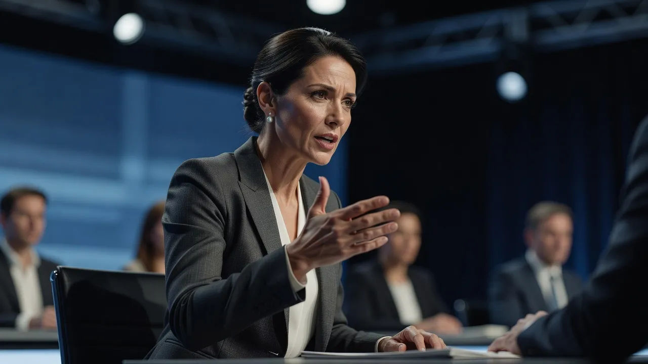 Close portrait of a poised panelist in her forties making a point to the side