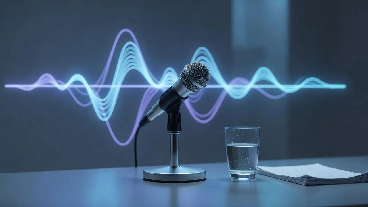 Desk beat: a table mic on a stand with an abstract glowing dual-voice waveform behind it