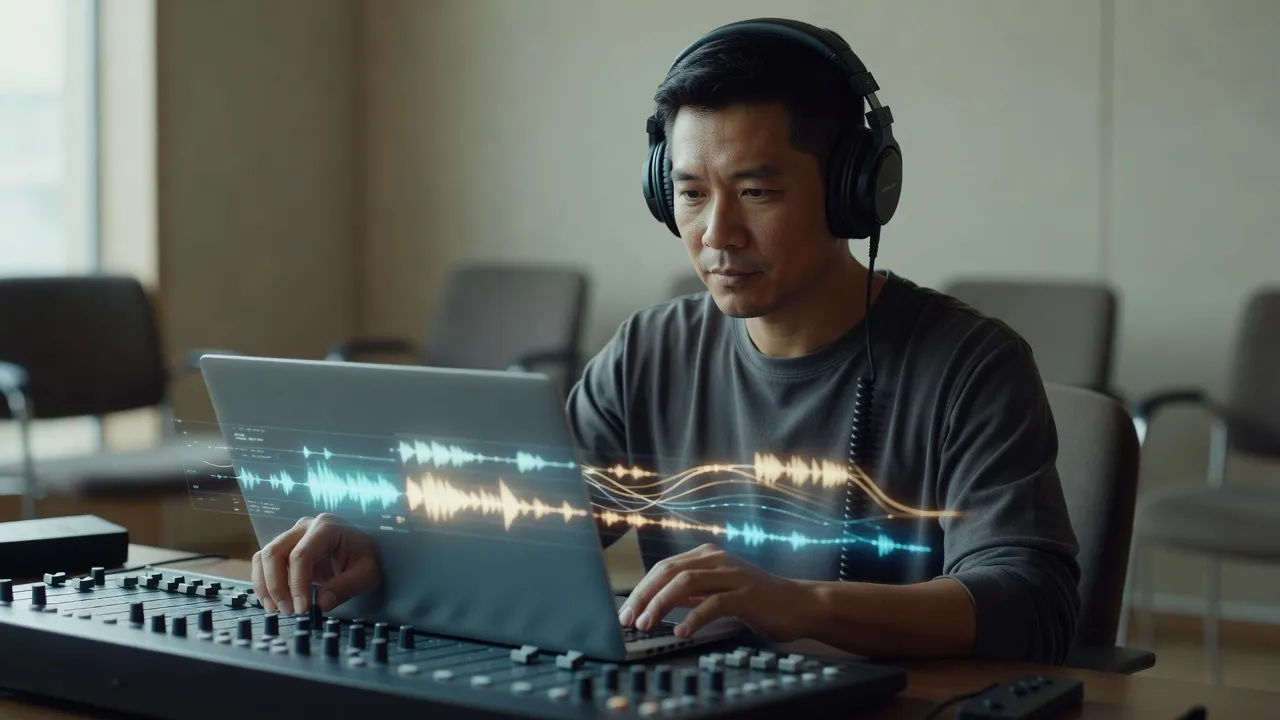 A producer arranging a roundtable recording on a laptop
