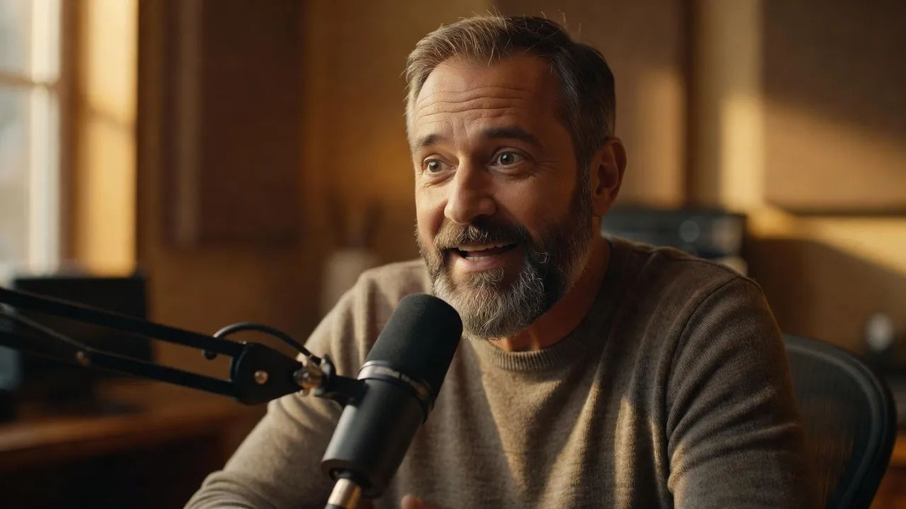 Close-up of a warm middle-aged male podcast host mid-sentence