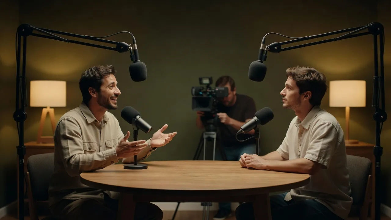 Wider establishing shot of a two-person podcast studio during a trailer recording