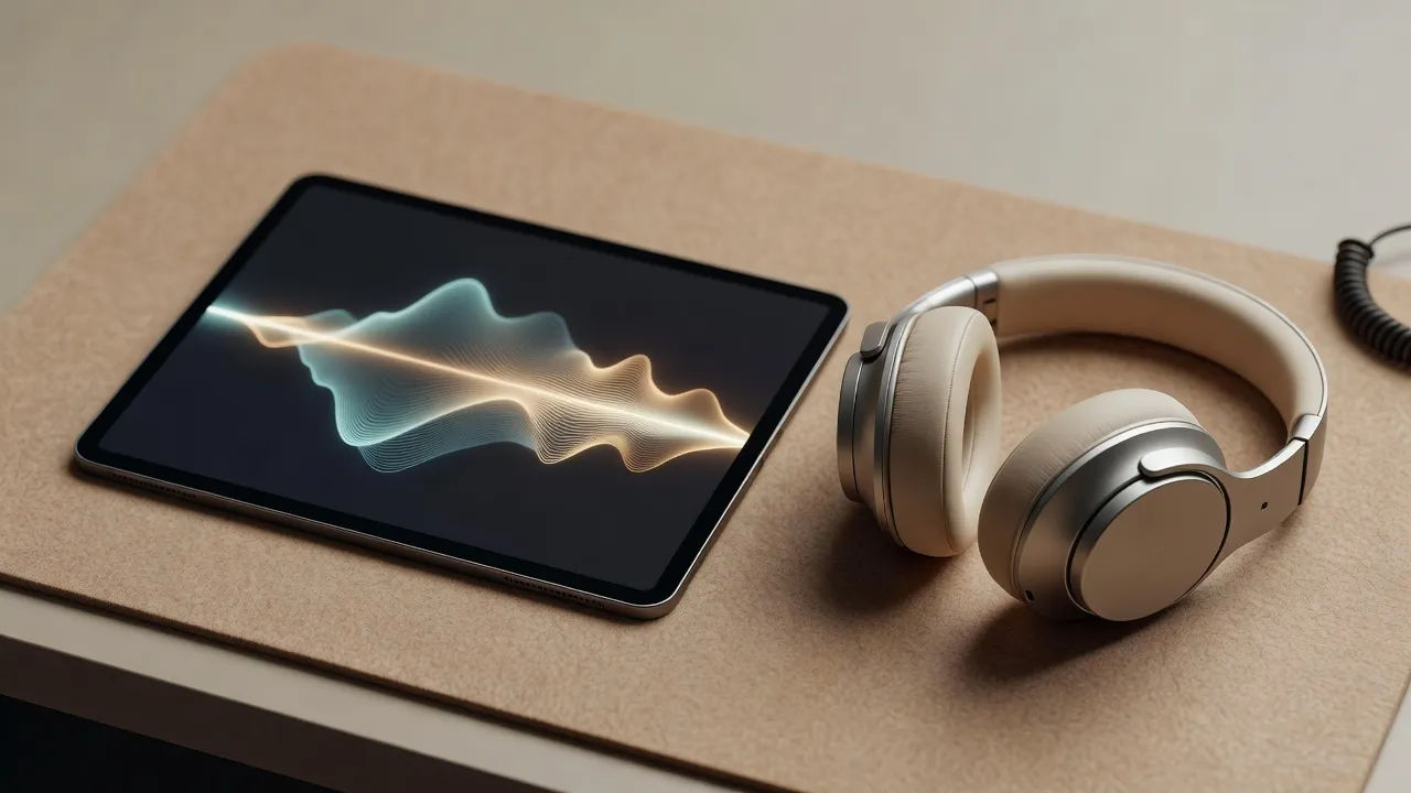 Overhead macro of a tablet and studio headphones on a felt desk mat