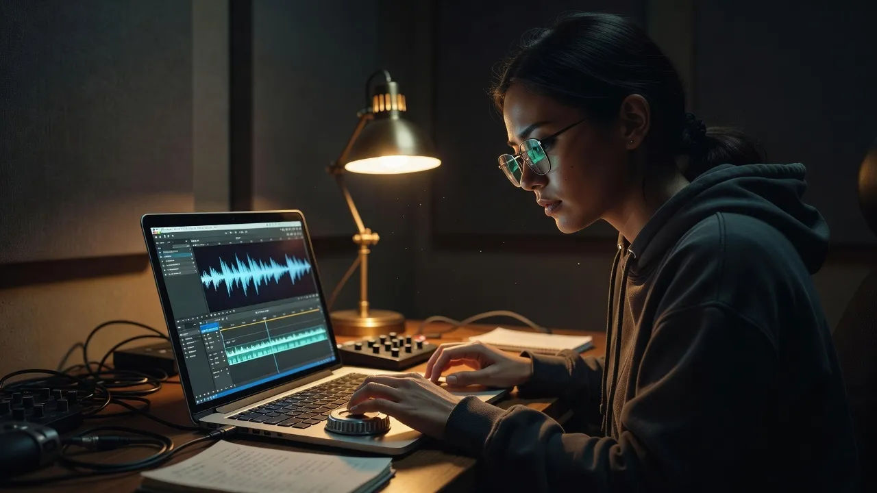 A young female producer editing an episode on a laptop in a dim studio
