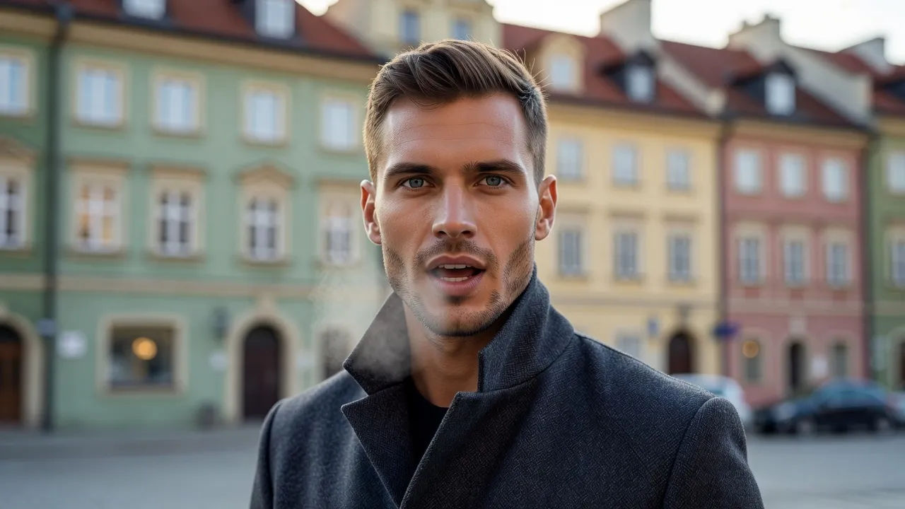 Tight portrait of a confident young Polish man with light stubble and a wool coat speaking mid-word to camera