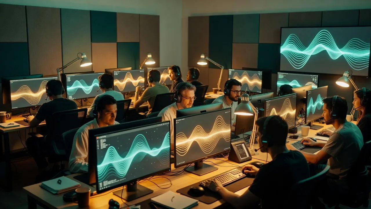 Wide scene of a modern game-localization studio at night lit by warm desk lamps
