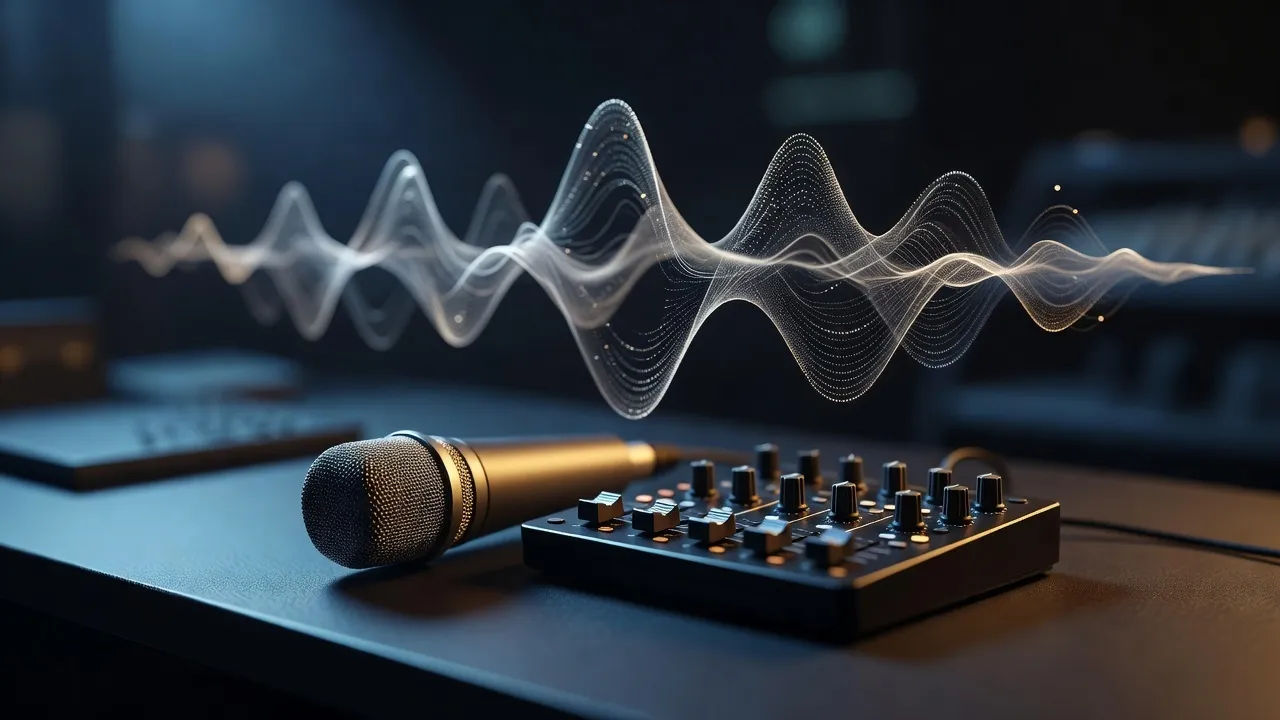 Macro of a broadcast mic and a controller resting on a dark desk beside a floating abstract sound wave
