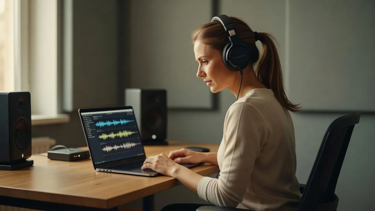 A Polish woman editor directing a voice line on a laptop in a tidy studio