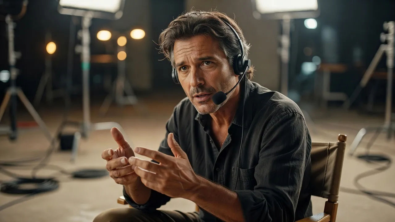 Close portrait of a thoughtful filmmaker in a director's chair speaking to camera
