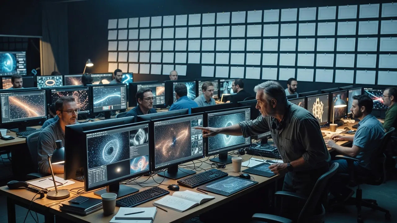 Wide production-diary scene inside a VFX bay