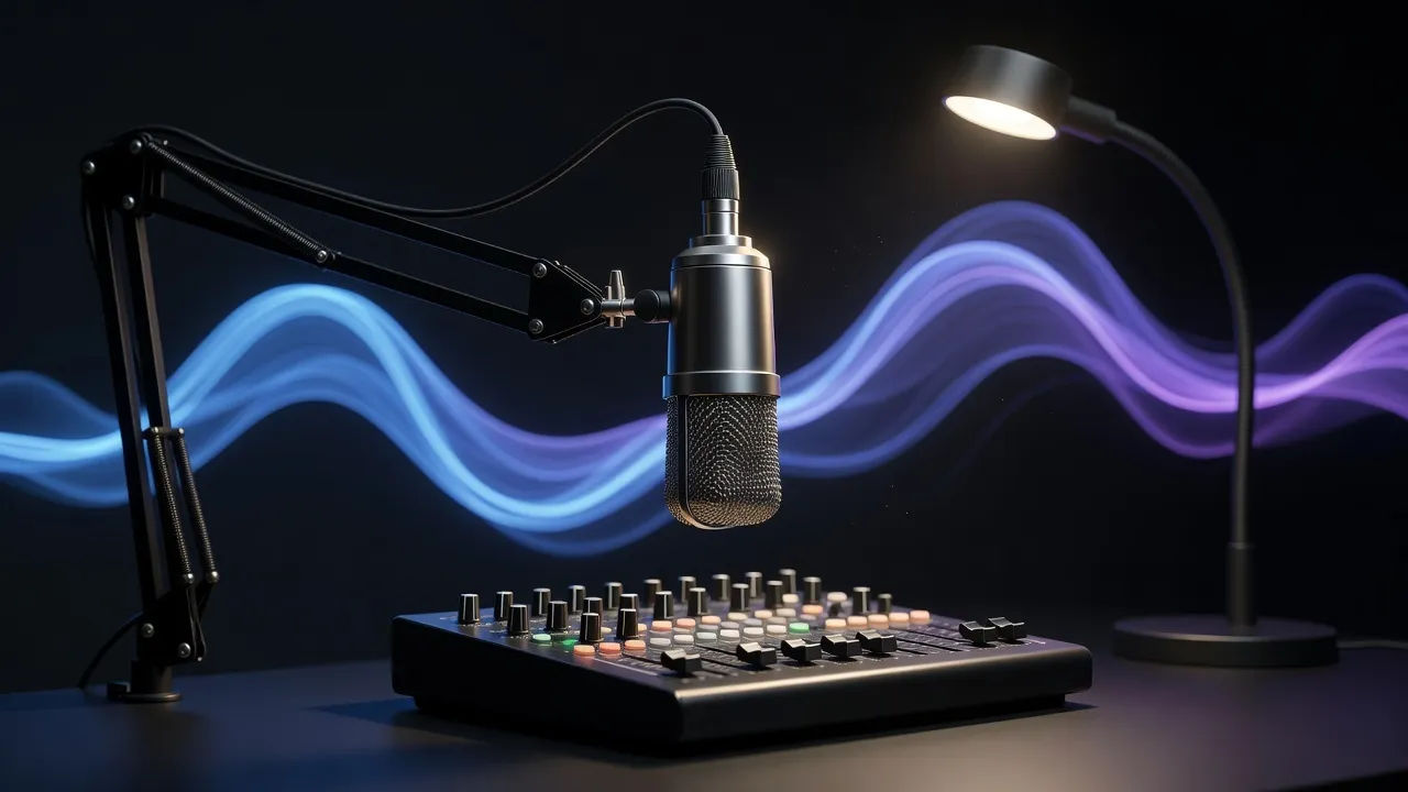 Macro beat of a studio condenser microphone on a boom arm above a small mixing surface