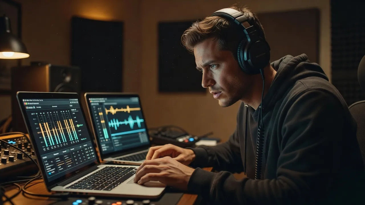 A post-production editor directing a commentary voice on a dual-laptop setup