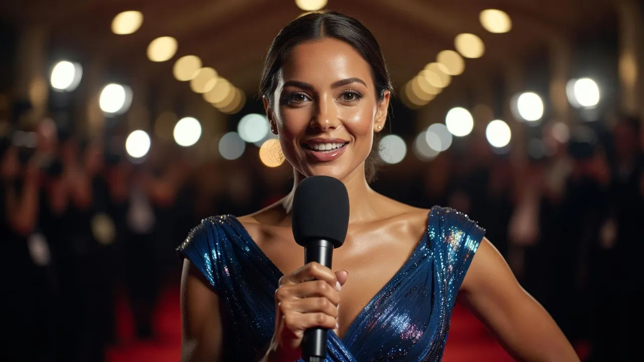 Close portrait of a glamorous red carpet reporter holding a foam-tipped microphone toward camera