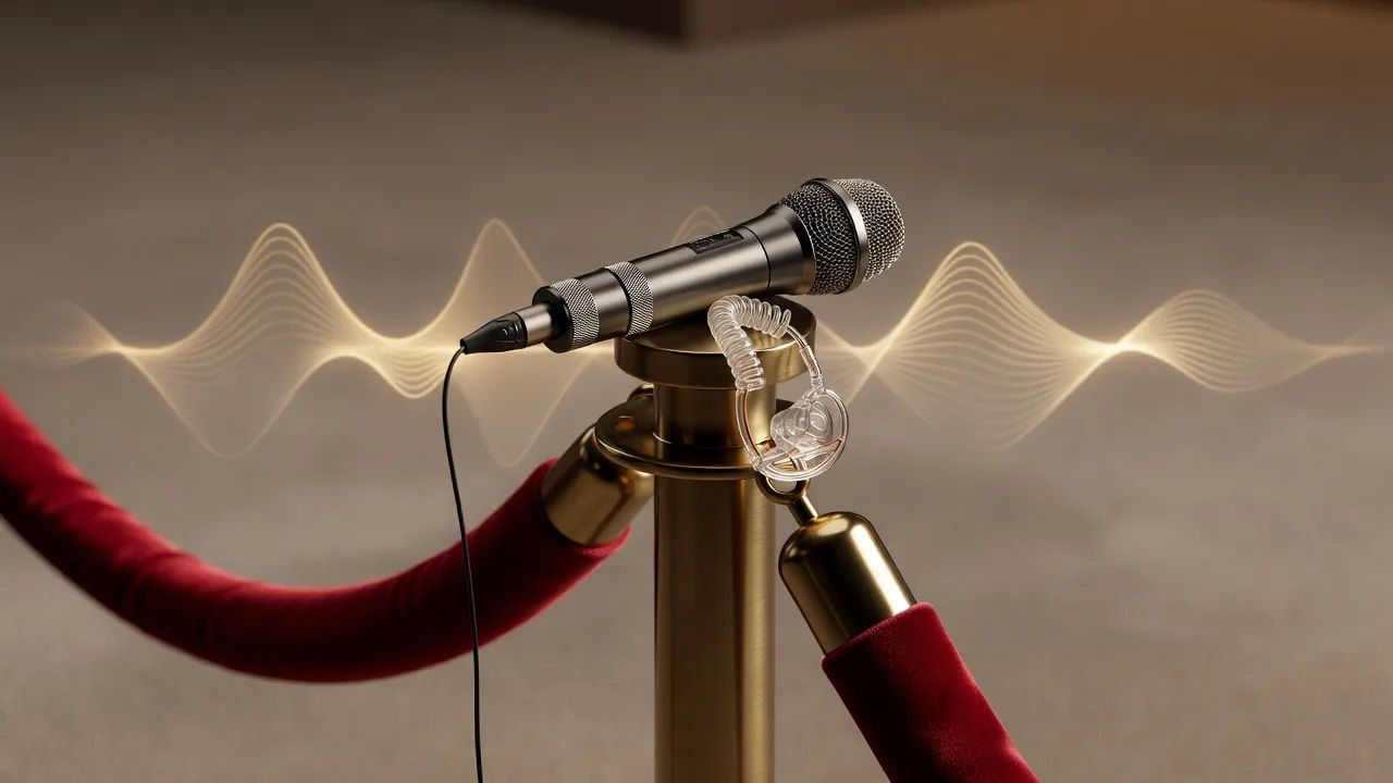 Detail beat of a broadcast handheld microphone and a coiled earpiece resting on a velvet rope post