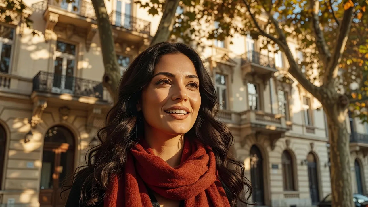 Close portrait of a warm Romanian woman with dark wavy hair and a rust-red scarf speaking to camera