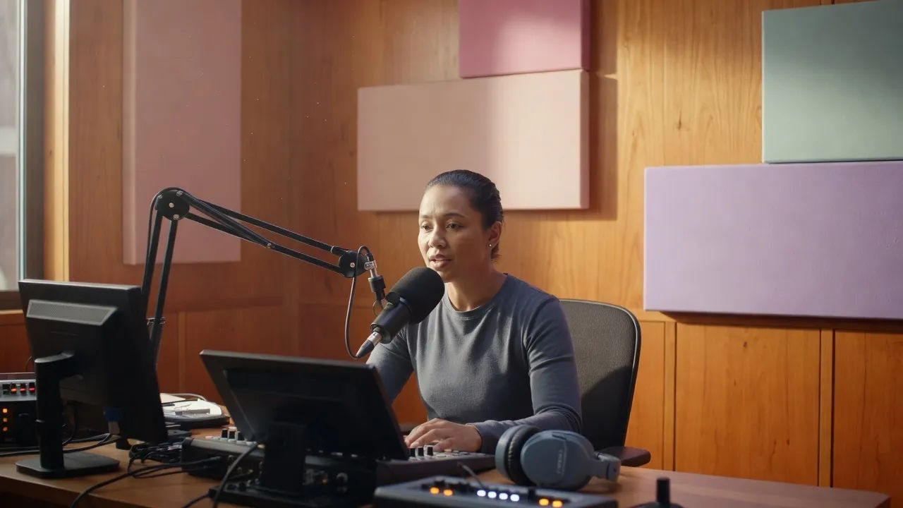 Wide establishing shot of a radio broadcast studio with an on-air mic arm