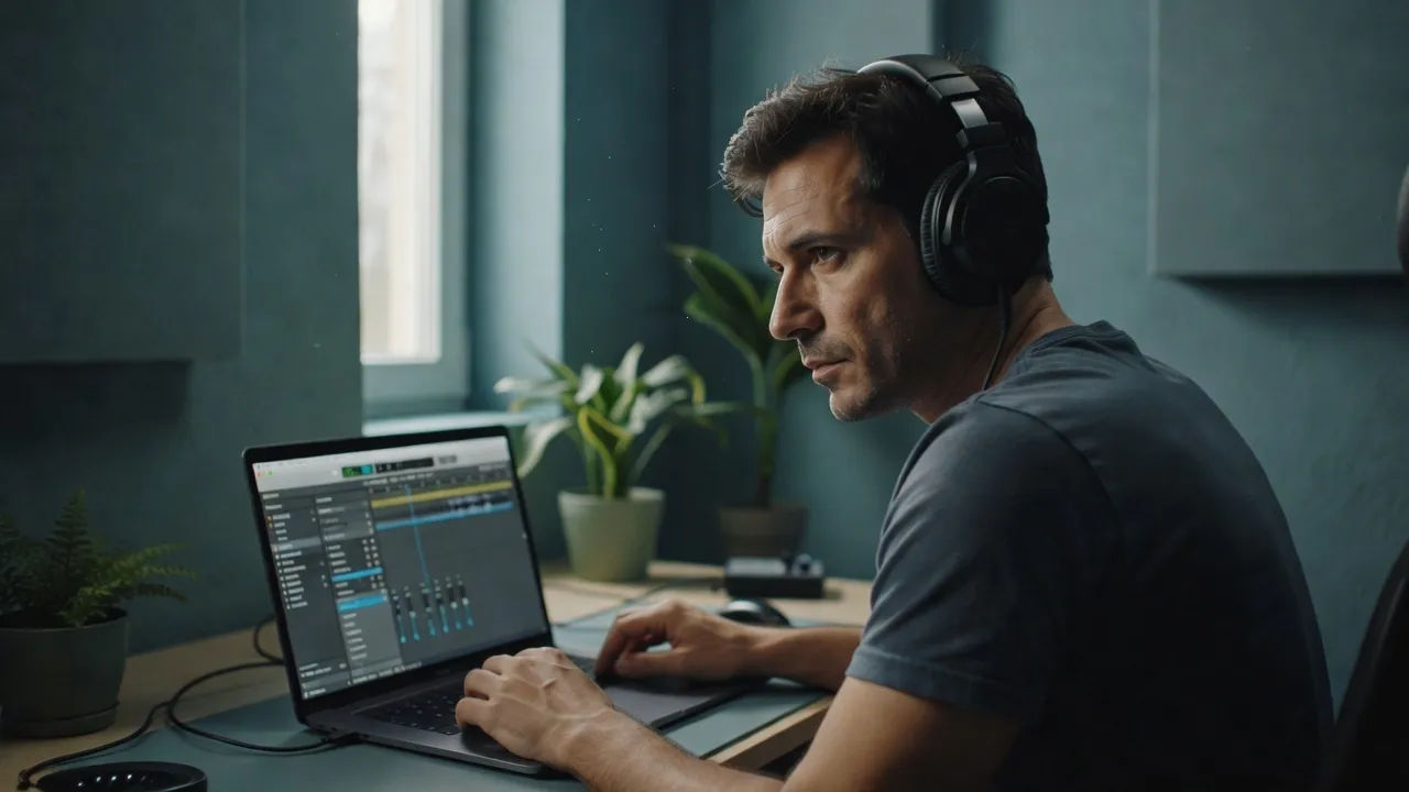 A Romanian man directing a voice line on a laptop in a compact home studio
