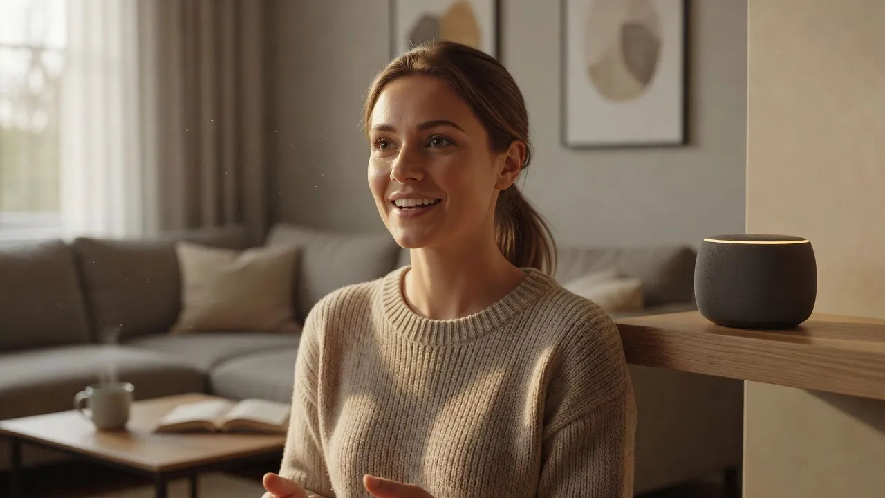 Close portrait of a warm approachable presenter mid-word in a cozy modern living room