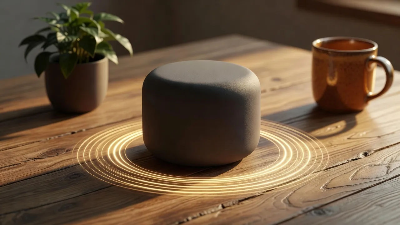 Macro beat of a matte smart speaker on a wooden table with an abstract glowing concentric light ring