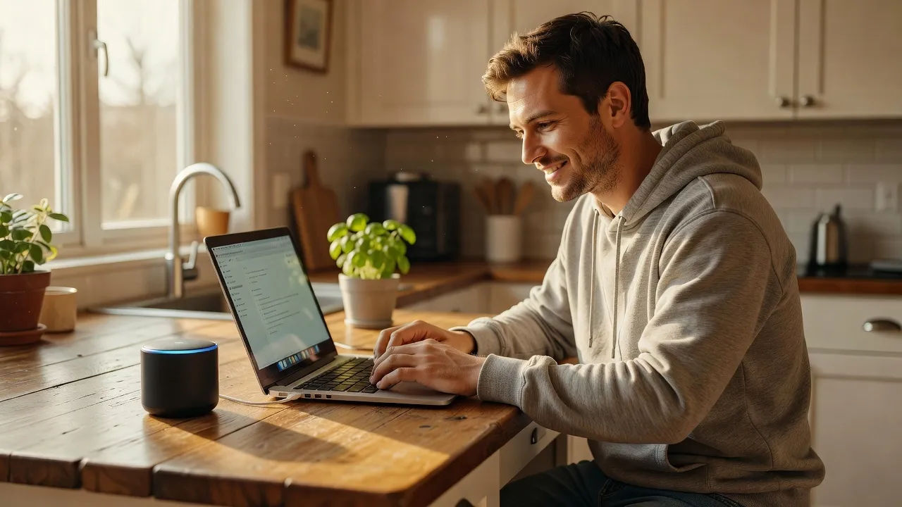 A friendly app designer at a kitchen island with a laptop and the smart device beside it
