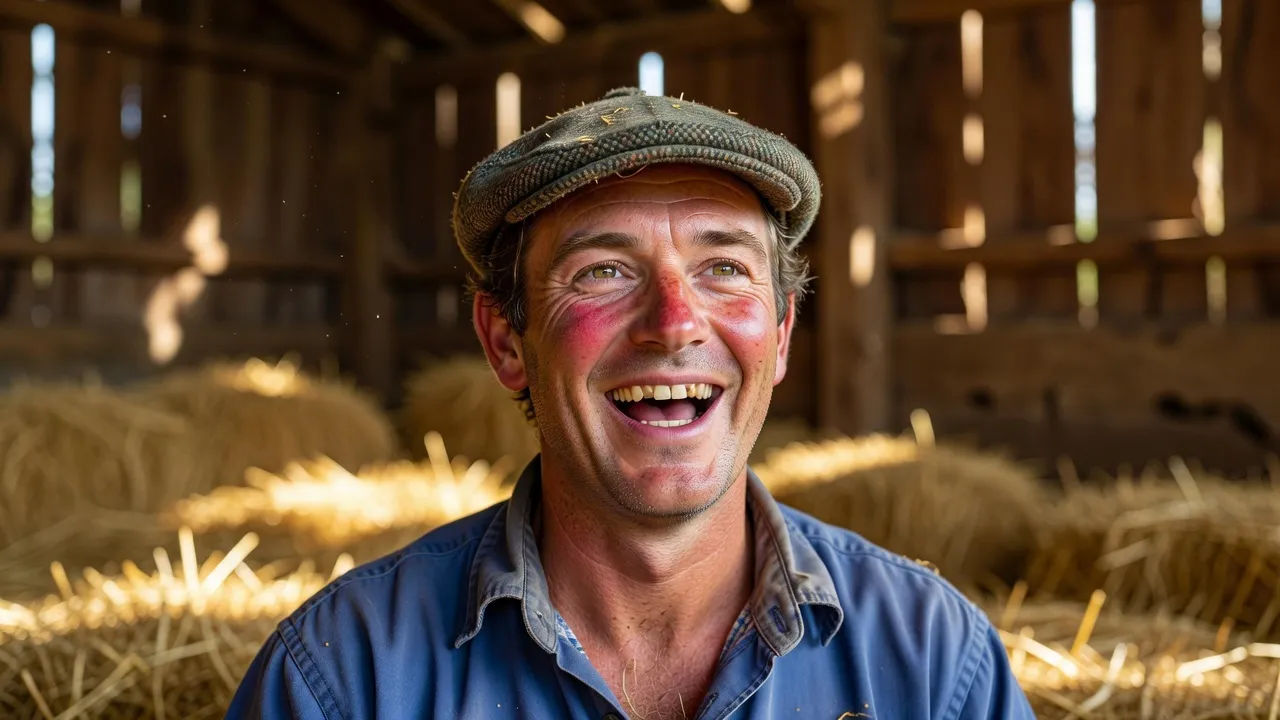 Warm close-up of a cheerful ruddy-faced Somerset farmer laughing mid-line to camera