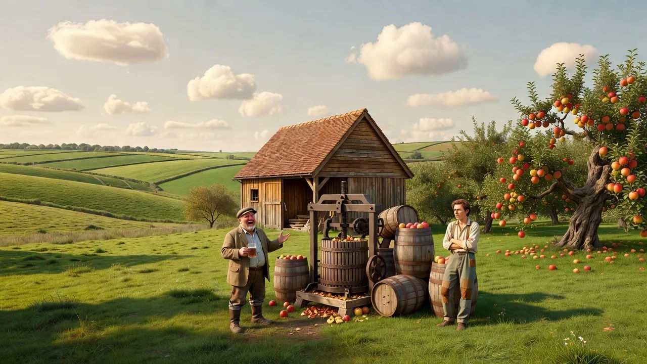 Wide rural scene of rolling green Levels and an apple orchard at midday
