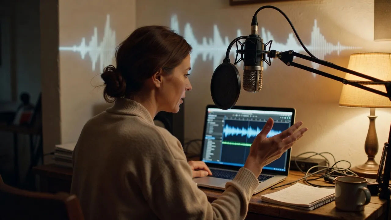 A woman in a cosy studio directing a voice take on a laptop