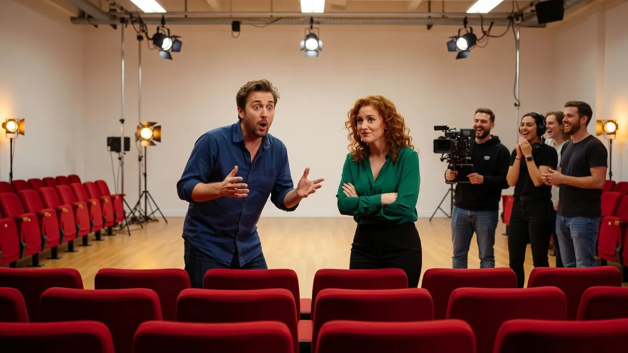 Wide comedy-set scene inside a bright Cardiff studio