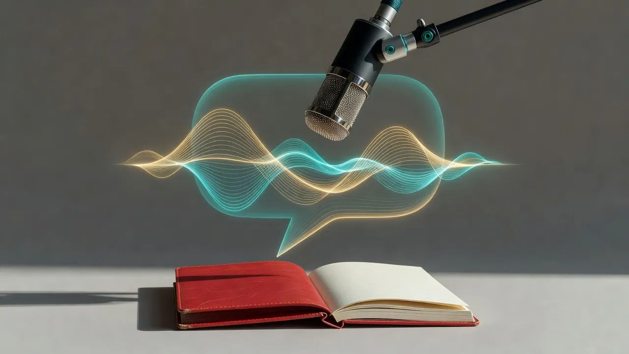 Overhead product beat of a sleek microphone and an abstract glowing speech-bubble waveform floating over a red