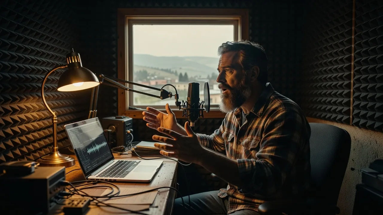 A bearded creator in a compact booth directing voice lines on a laptop