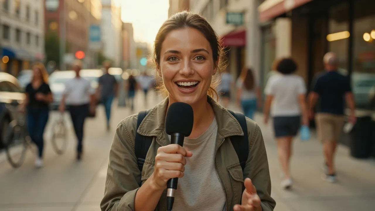 Close portrait of a lively young reporter holding a foam-covered handheld mic to camera