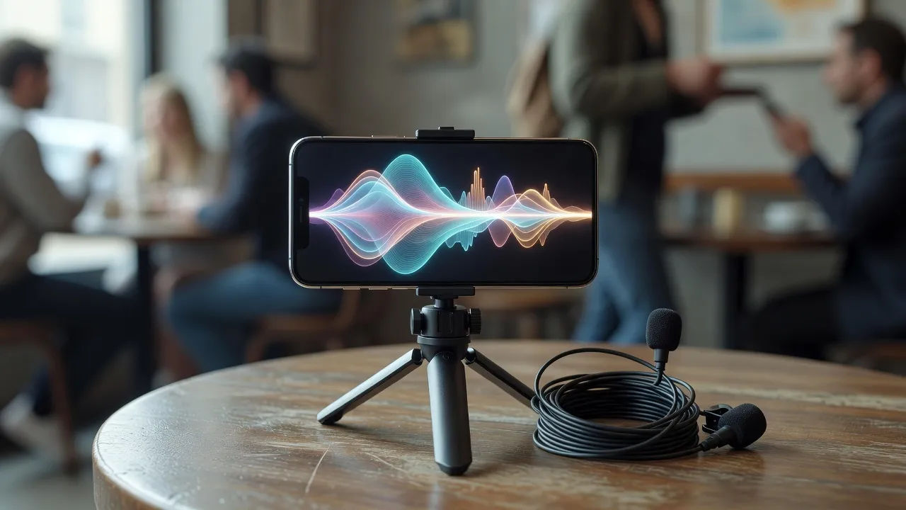 Product beat of a phone on a small tripod clamp showing an abstract glowing waveform with no legible characters