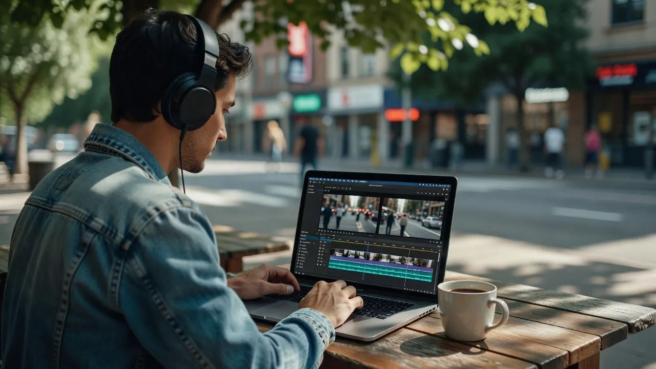 A creator in a denim jacket editing street footage on a laptop at an outdoor table
