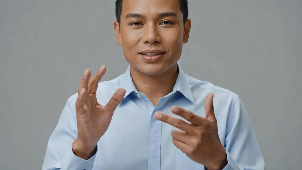 Close portrait of an expert presenter in a crisp button-down explaining to camera