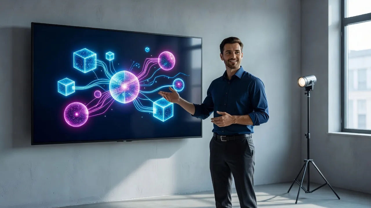 Wider scene of an explainer-video set: a presenter beside a large monitor showing abstract diagrams of glowing