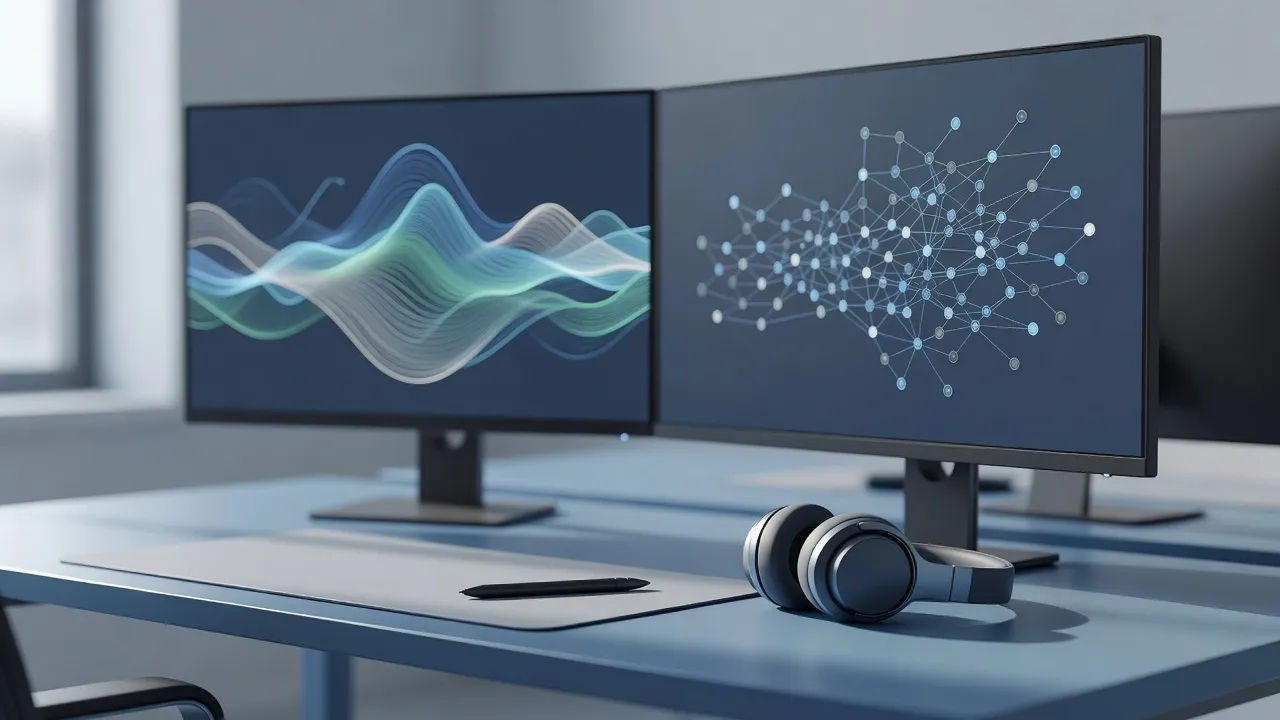 Product beat: a desk with dual monitors displaying abstract flowing waveforms and node graphs with no legible text